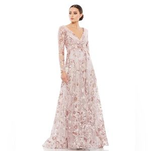 Mac Duggal Embellished V Neck Illusion‎ Long Sleeve A Line Gown- NWT